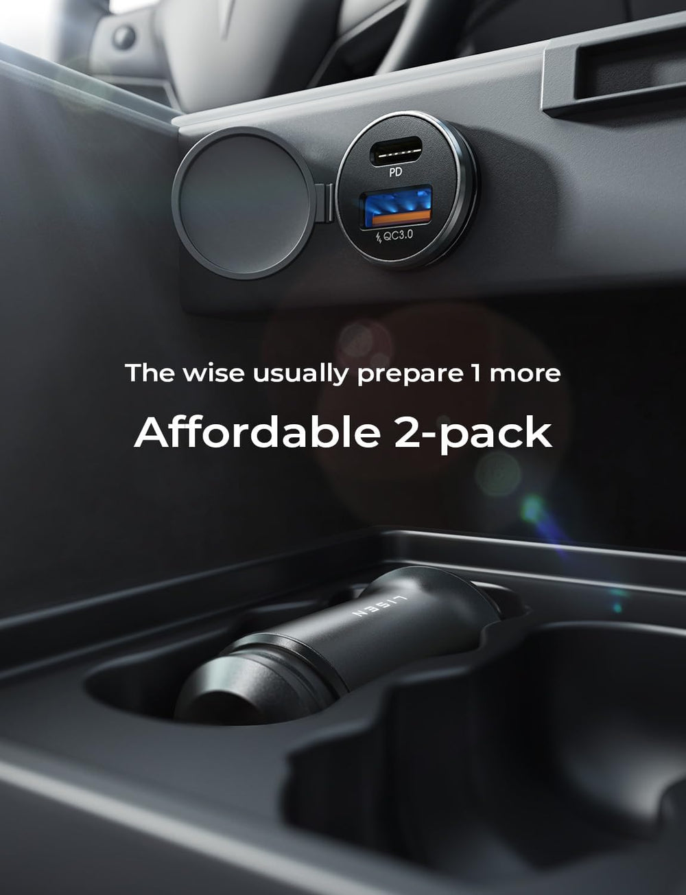 LISEN USB-C car charger dash setup demonstrates dual device compatibility.