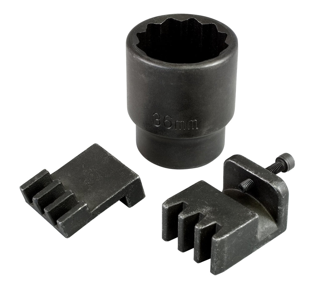 Lisle flywheel locking tool engages Duramax flywheel teeth for secure balancer removal.