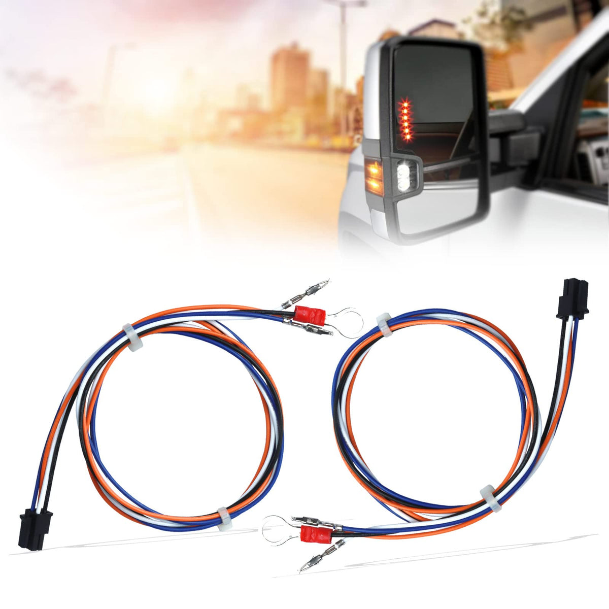 Lisnhlin tow mirrors wiring harness closeup highlights durable ABS housing for long lasting use.