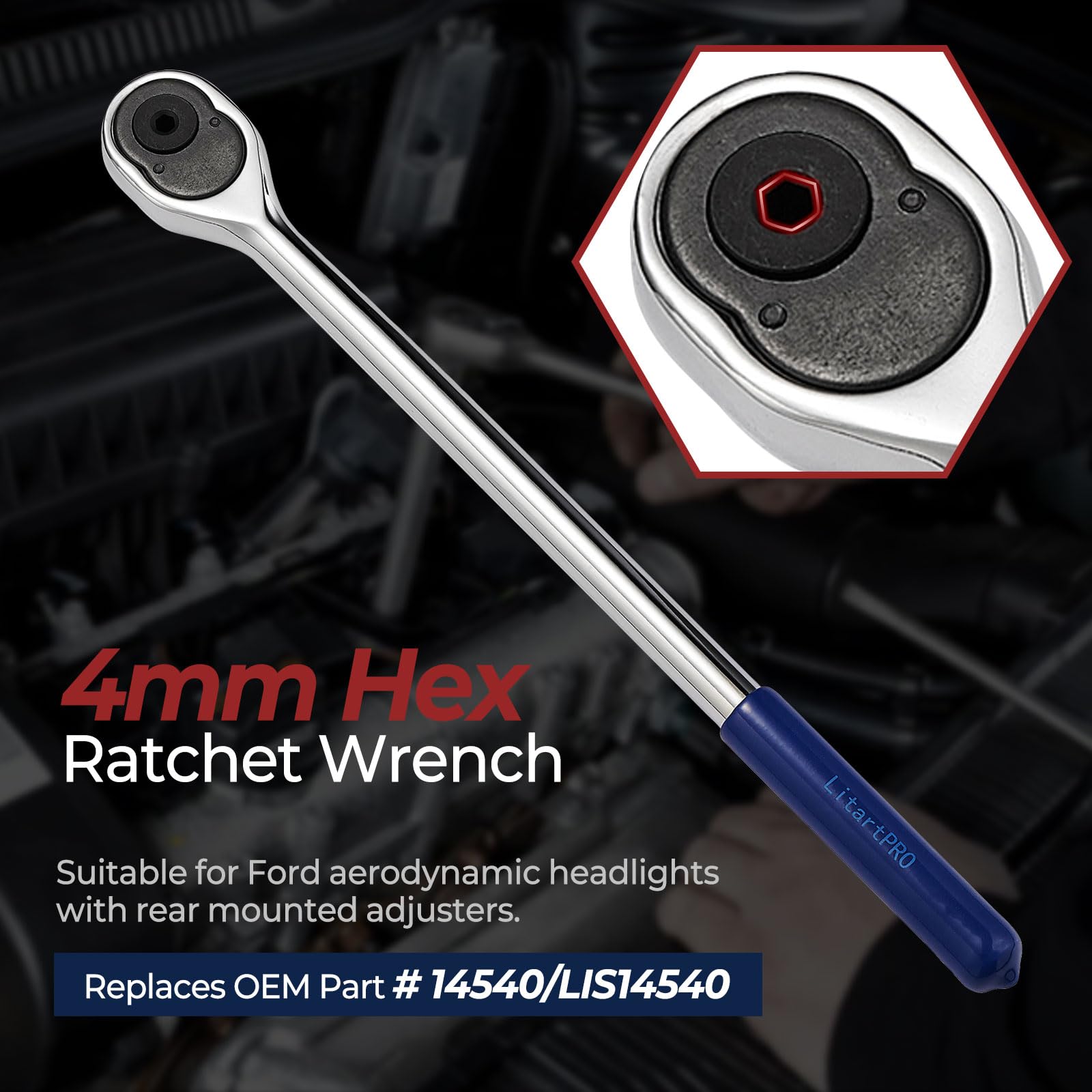 LitartPRO 45-tooth ratchet mechanism enabling an 8-degree swing for tight headlamp adjustments.