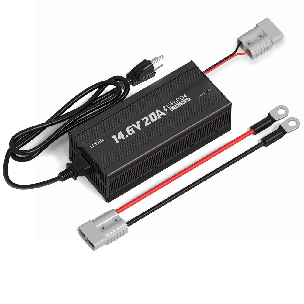 LitTime 12V 20A charger front view with LED indicators for quick status in RV setups.
