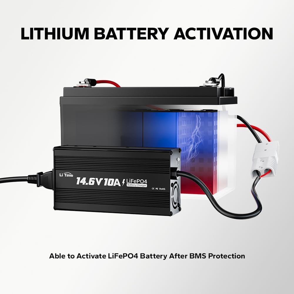 LitTime LiFePO4 charger angled view highlights rugged build and cooling.