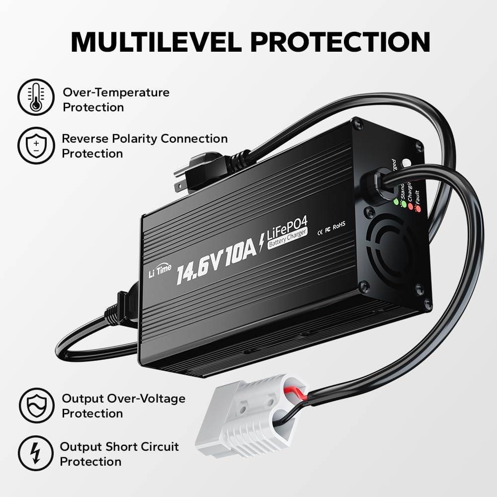 LitTime LiFePO4 charger side panel shows compact, durable design.