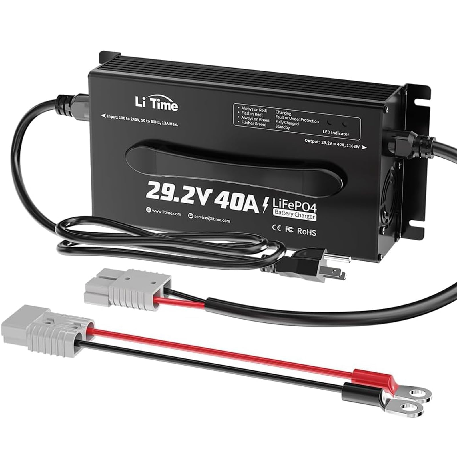 Litime 24V charger front view shows compact design for RV charging benefits.