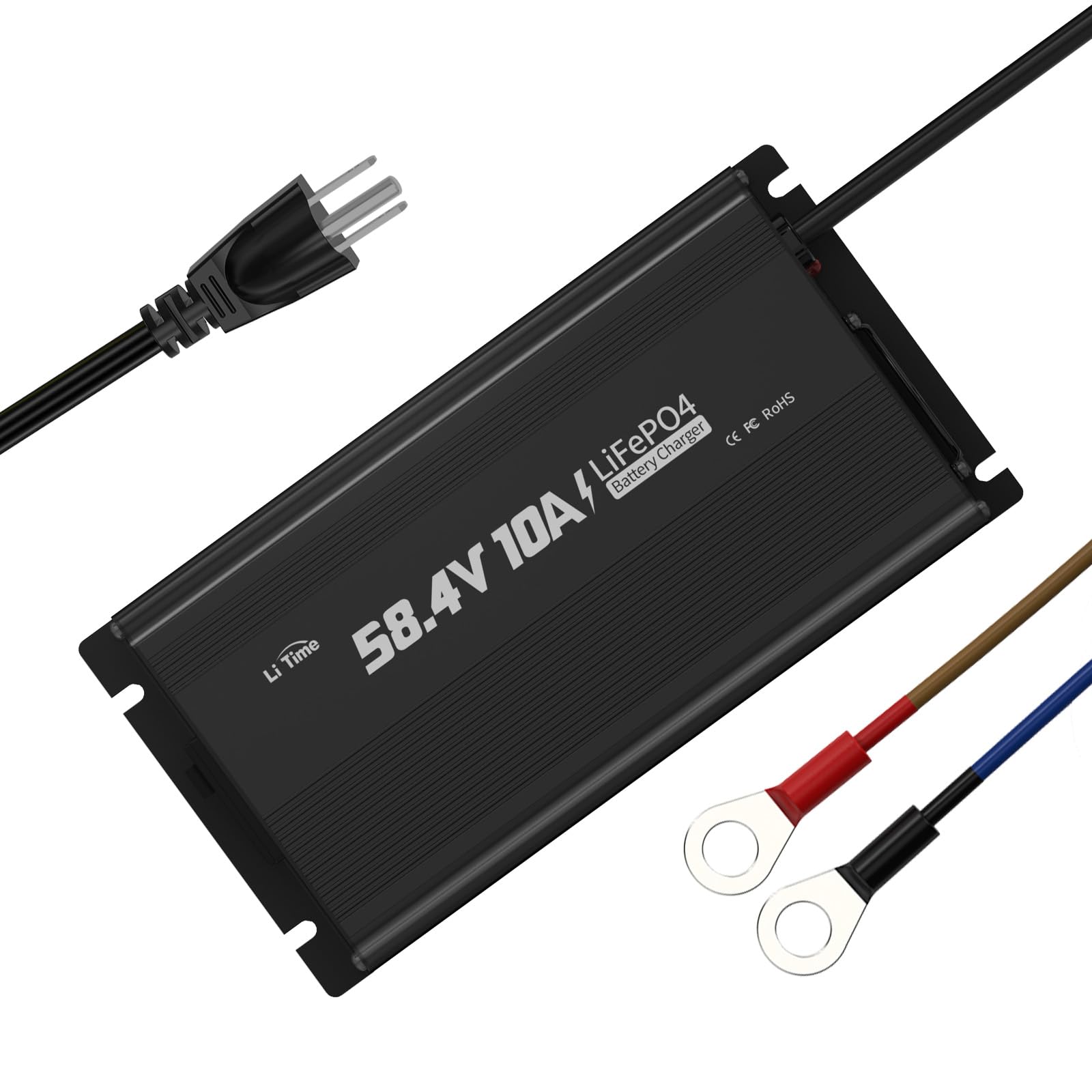 LitTime LiFePO4 charger front view shows compact design for easy installation.