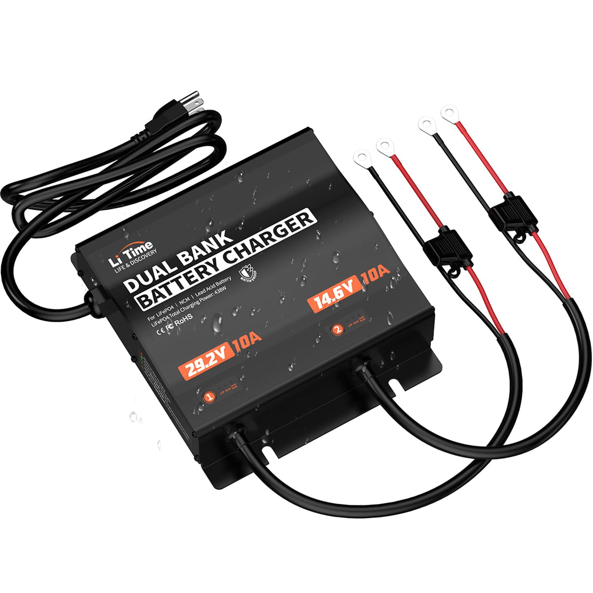 Litime dual-bank charger front view with dual ports ideal for boats