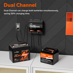 Litime charger back panel showing dual outputs for 12V/24V systems on boats