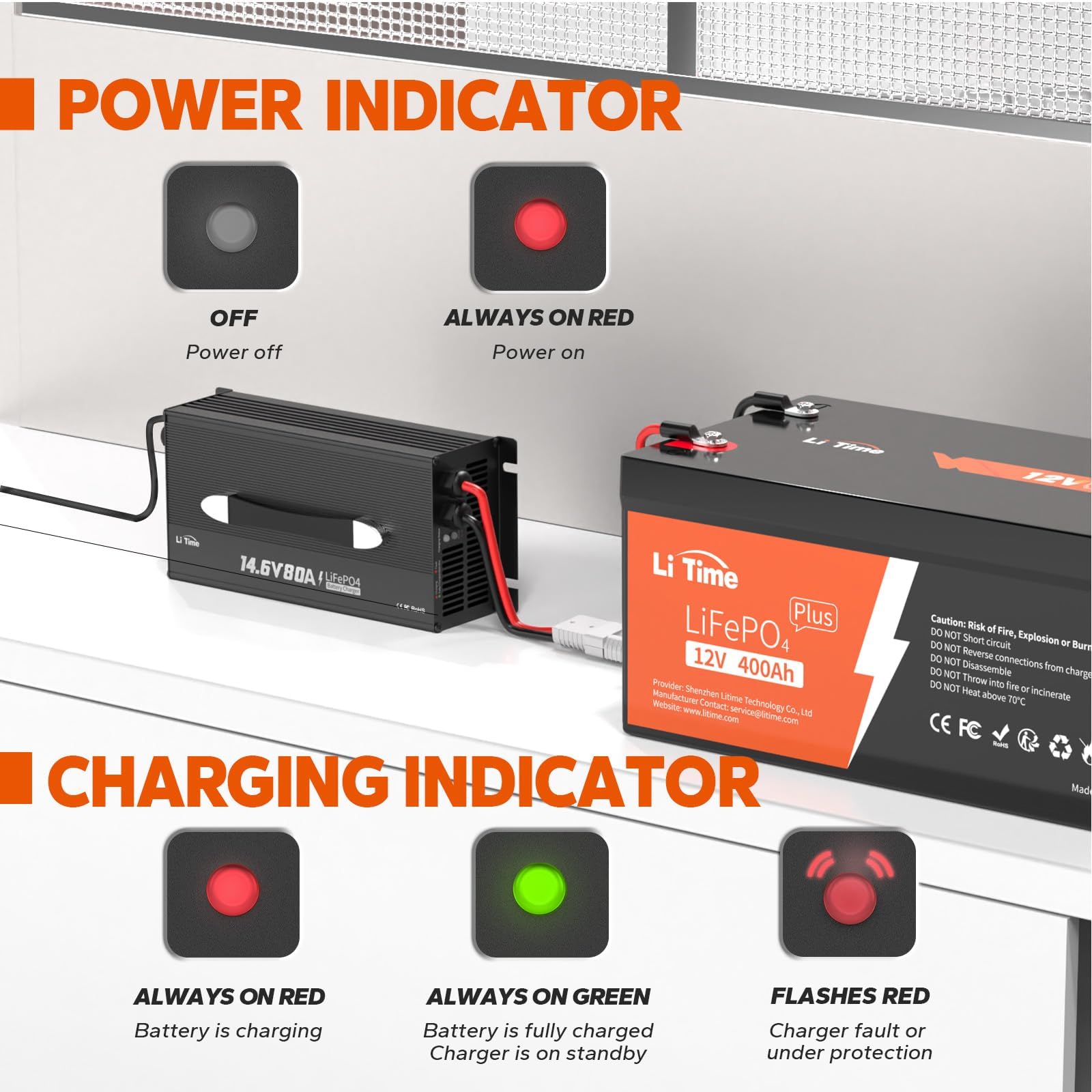 LitTime LiFePO4 charger with cooling fan maintaining safe high-current charging.