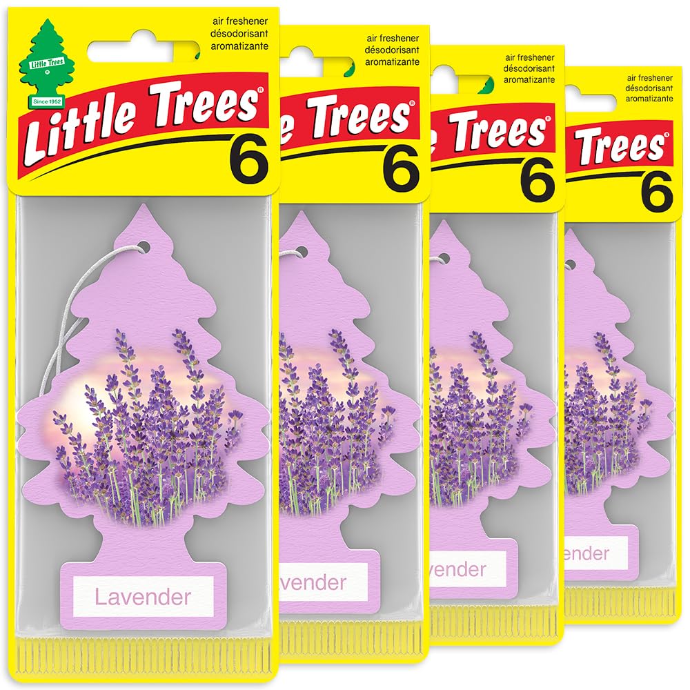 Little Trees Lavender hanging air freshener in car with long-lasting scent.