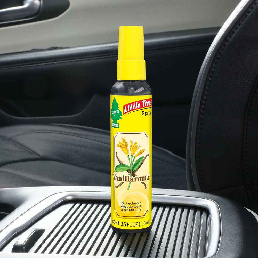 LITTLE TREES Vanillaroma clear bottle highlights remaining fragrance level.