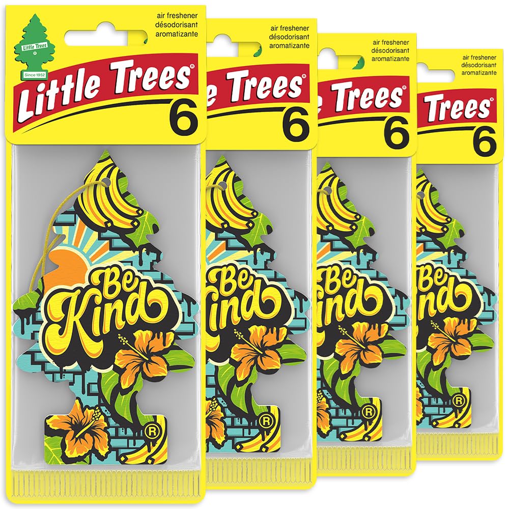 LITTLE TREES Hanging Tree Be Kind fragrance label, tropical hibiscus and banana scent.