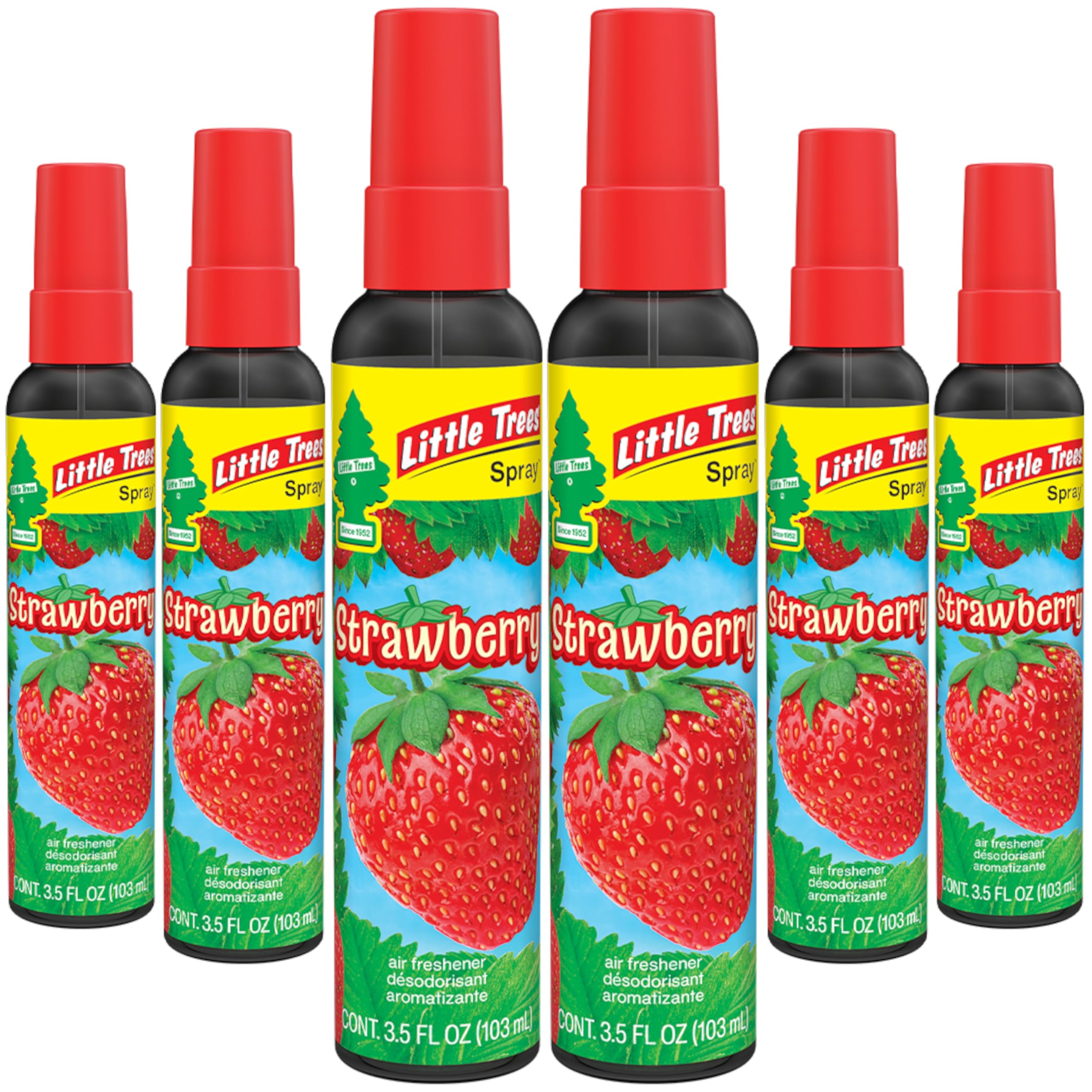 Little Trees strawberry-scent spray for car and home freshness.