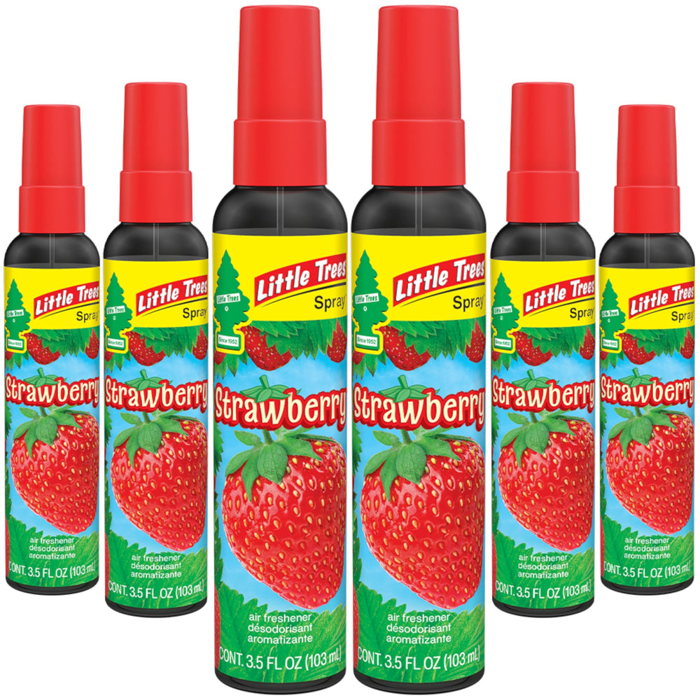 Little Trees strawberry-scent spray for car and home freshness.