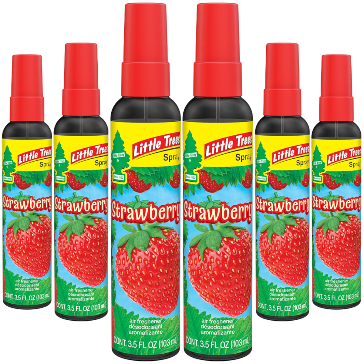 Little Trees strawberry-scent spray for car and home freshness.