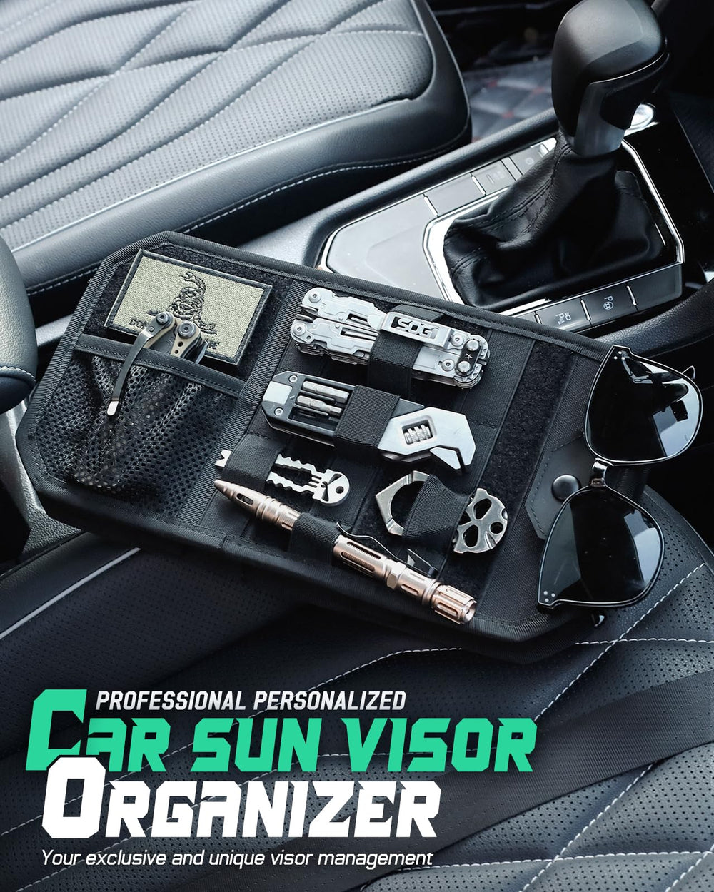 LIVANS visor organizer mounted in a vehicle showing accessible front pocket.