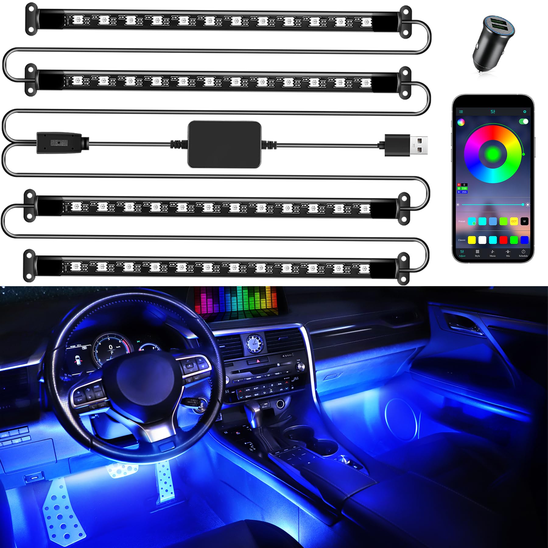 LivTee smart car interior lights with app control for ambiance.