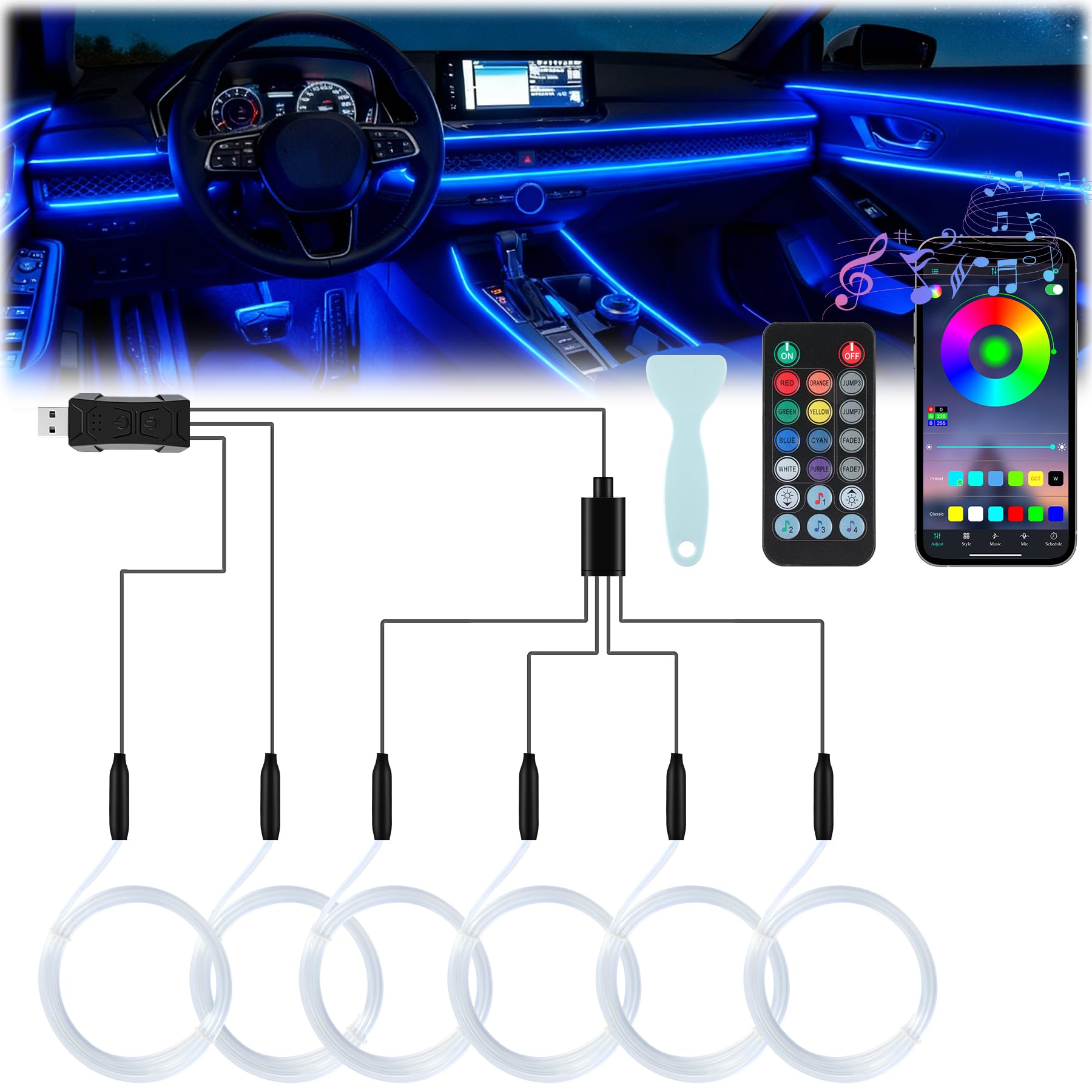 LivTee smart car interior lights powered by USB port illuminate the cabin.
