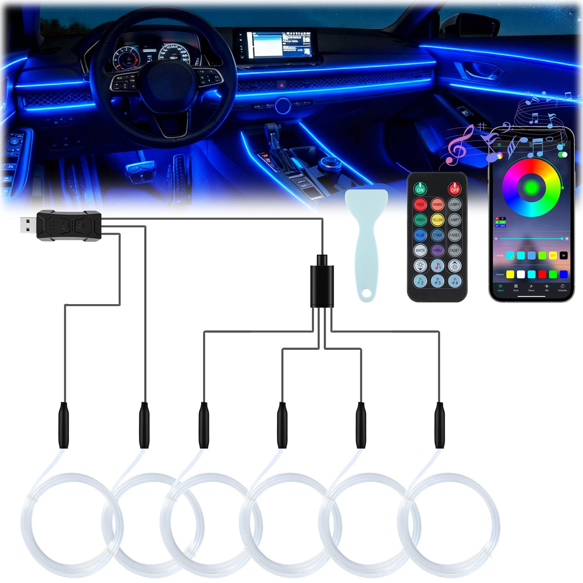 LivTee smart car interior lights powered by USB port illuminate the cabin.