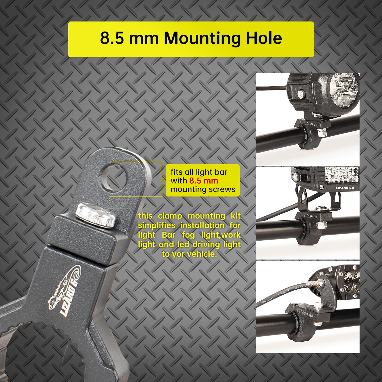LIZARD GO anodized black clamps on rugged off-road bars.