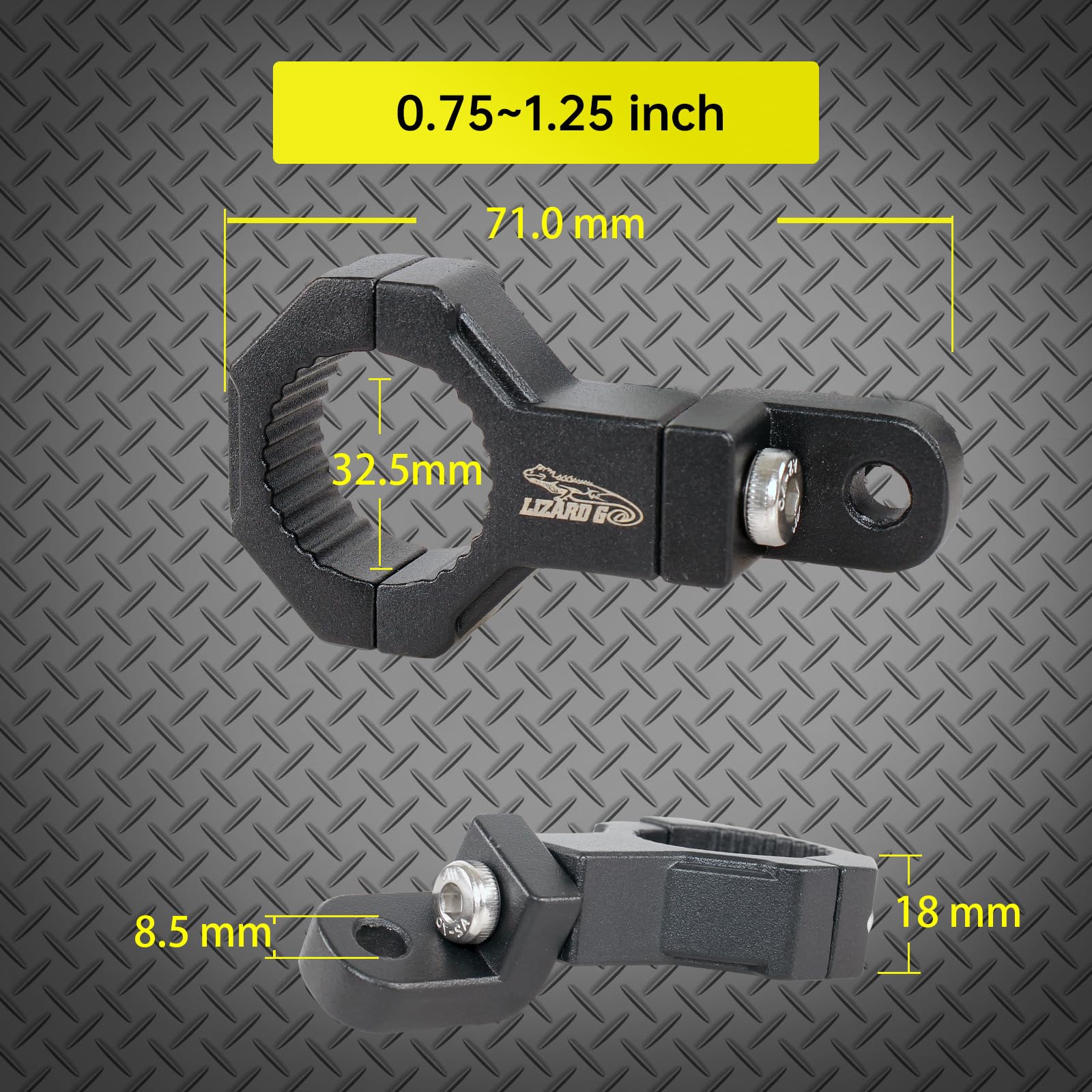 LIZARD GO bar clamps front view ready for versatile accessory mounting.