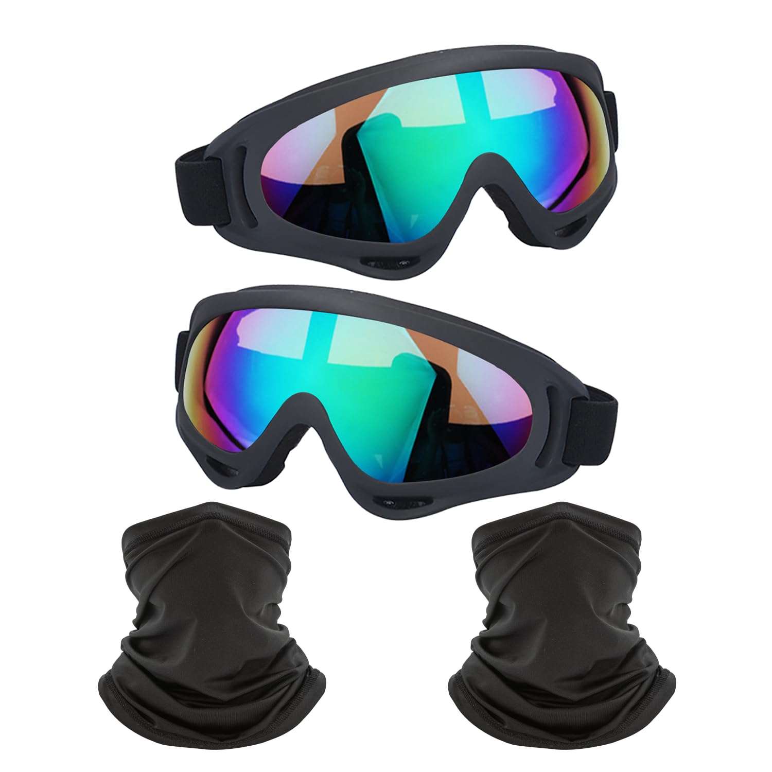 LJDJ motorcycle goggles with 2-pack neck bandanas for outdoor versatility.