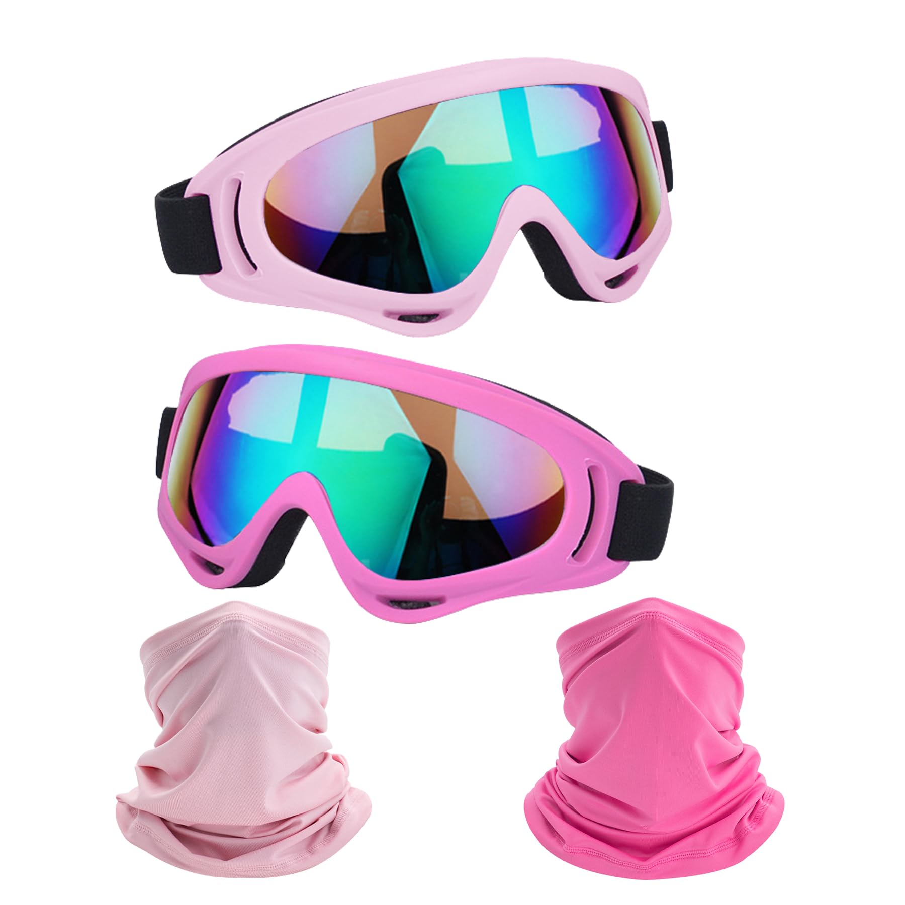 LJDJ motorcycle goggles dual-pack front view with pink lenses offering UV protection.