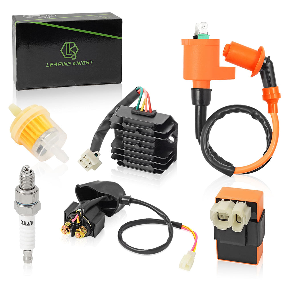 LK LEAPING KNIGHT GY6 ignition coil close-up showing strong spark benefits for reliability.