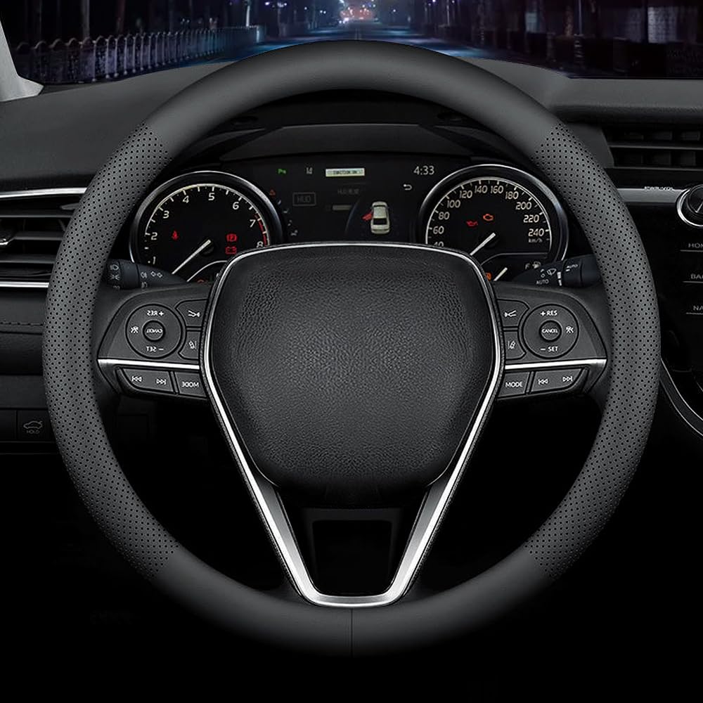 LKWLIKEI Nappa leather steering cover front view, slim non-slip grip.