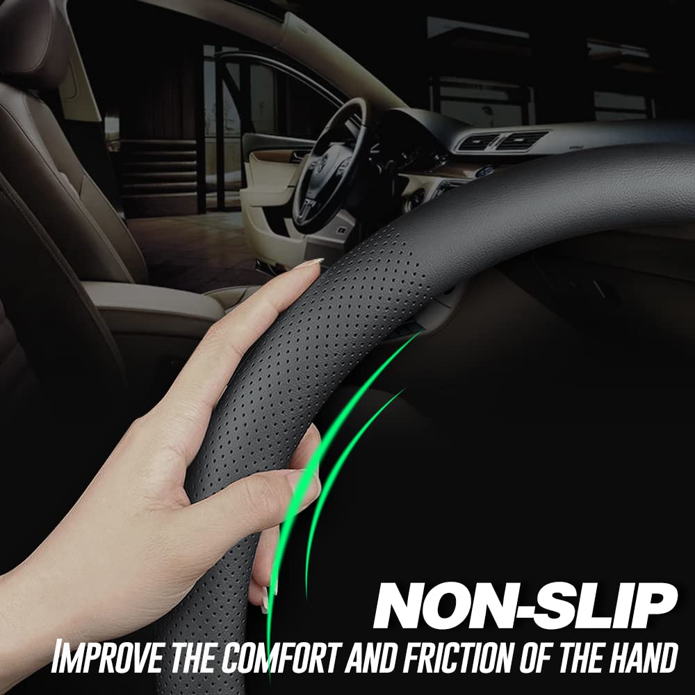 LKWLIKEI Nappa leather steering cover side view shows snug wheel fit.