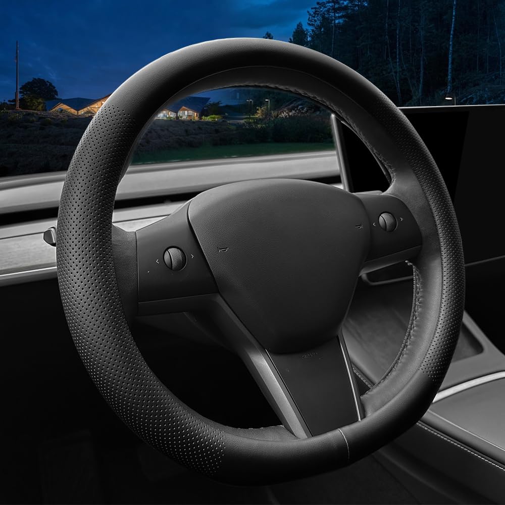 LKWLIKEI Nappa leather ultra-thin steering wheel cover texture close-up shows enhanced grip for Tesla Model 3/Y.