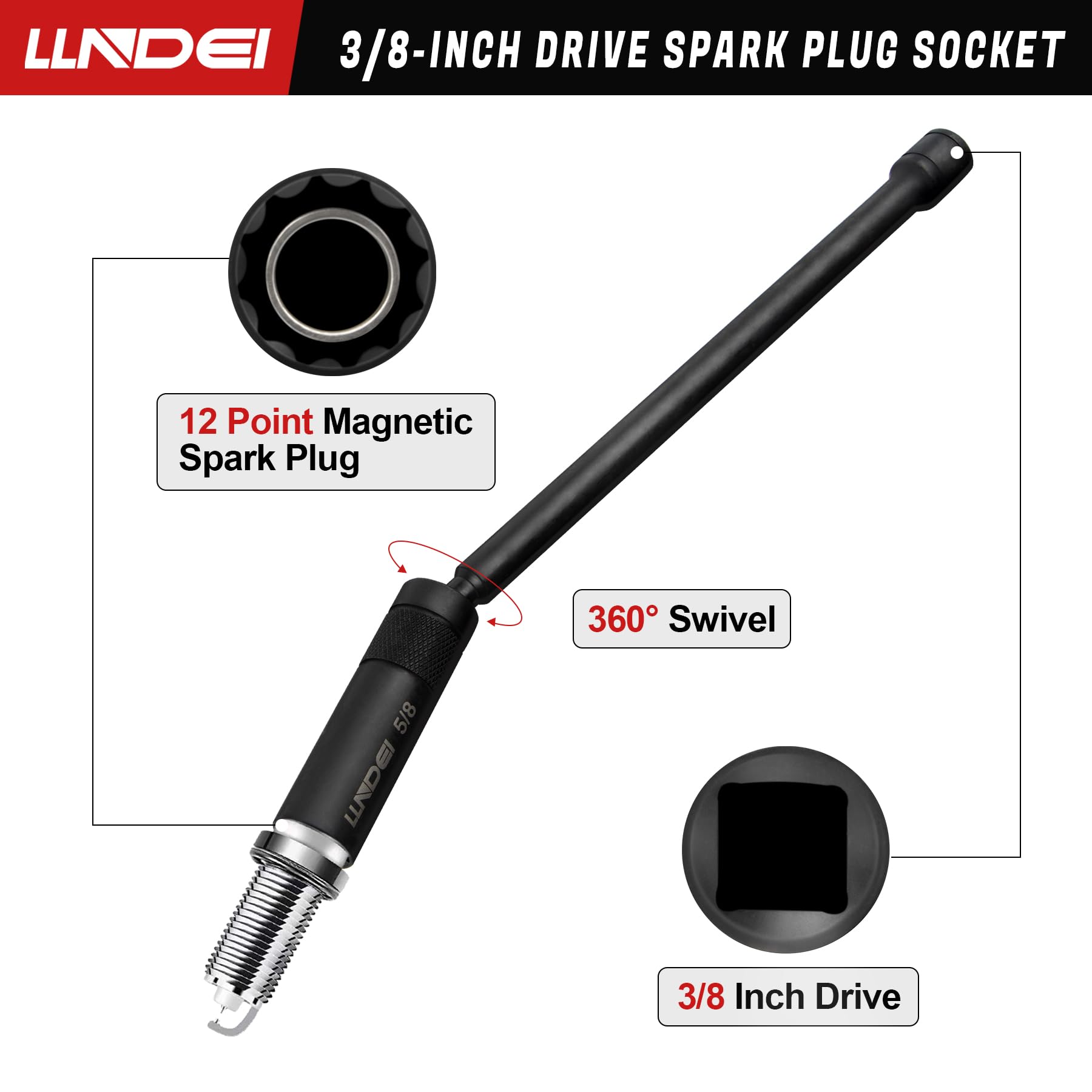 LLNDEI spark plug socket 9-16in 6in showing long reach for deep plugs.