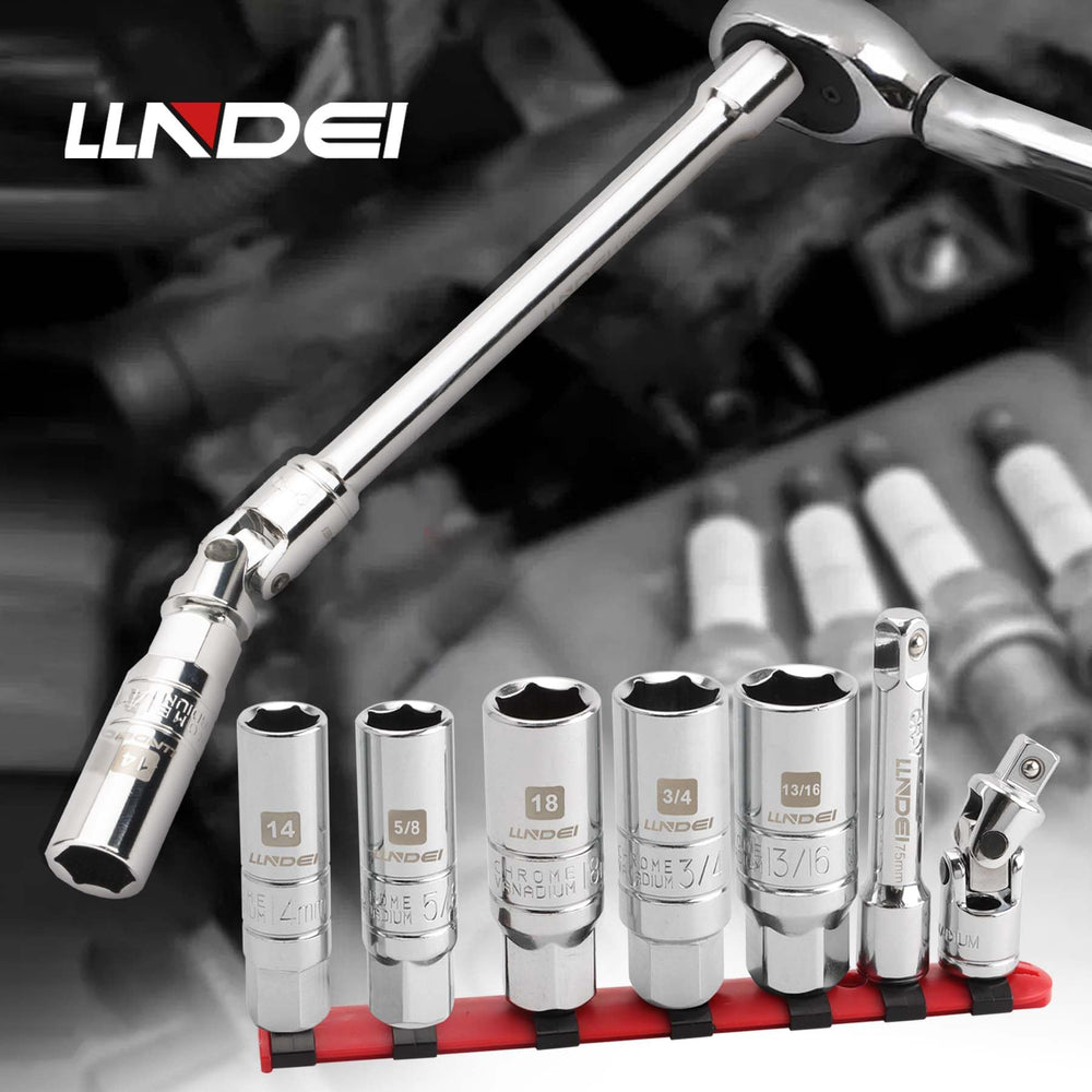 LLNDEI spark plug socket set close-up highlighting mirror-polished finish.