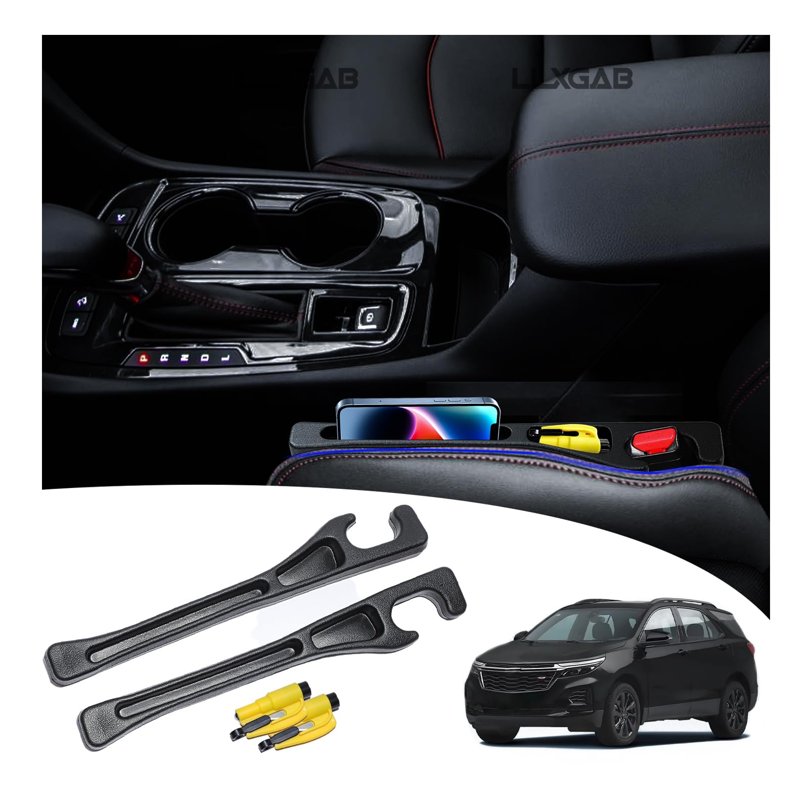 LLXGAB Chevy Equinox seat gap filler assembly neatly fits between seat and console.