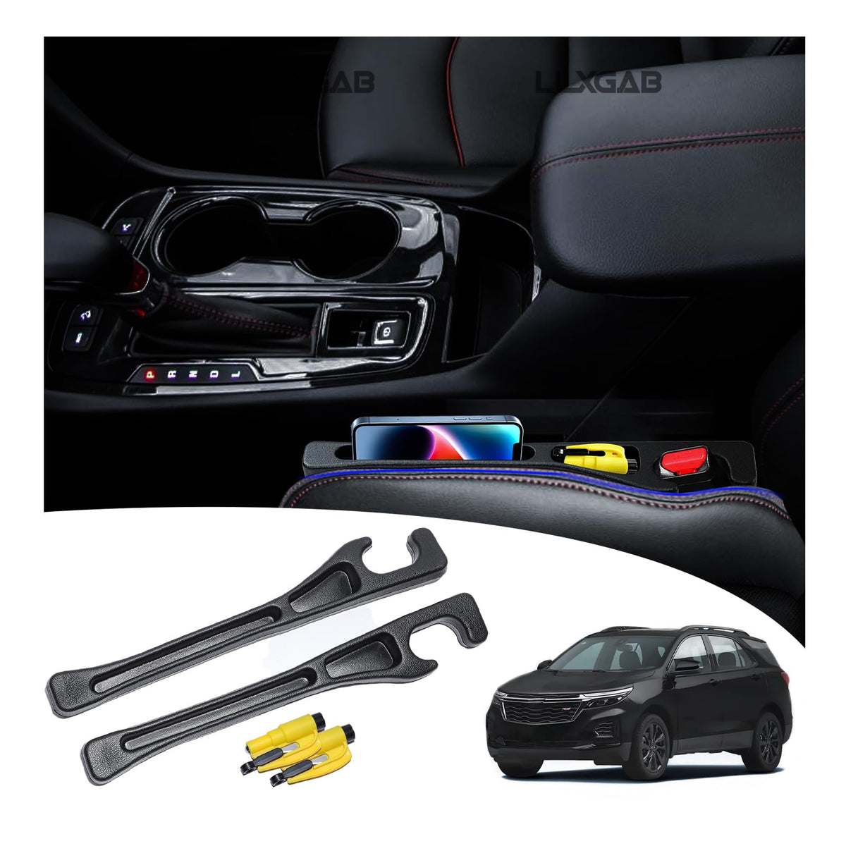 LLXGAB Chevy Equinox seat gap filler assembly neatly fits between seat and console.