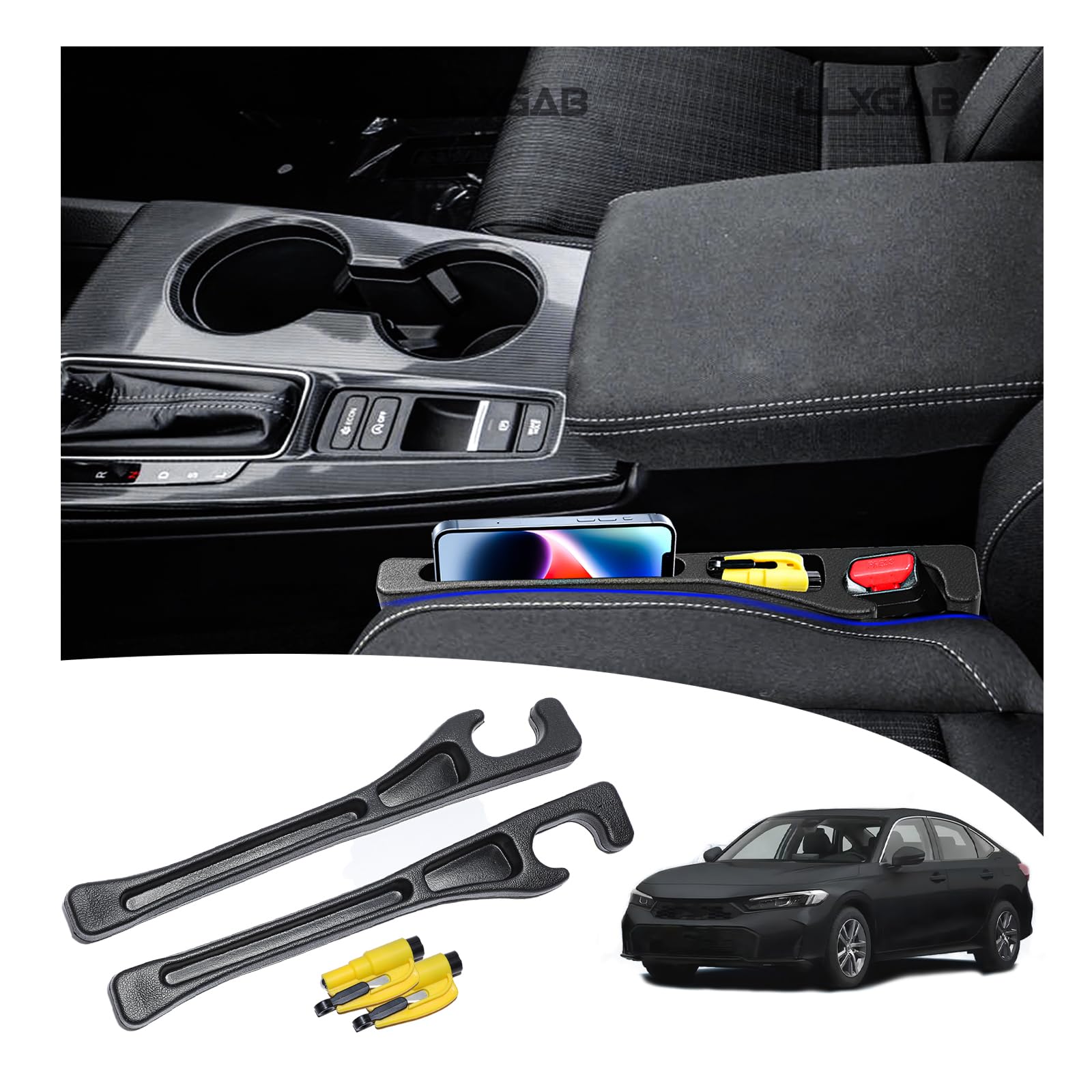 LLXGAB seat gap filler installed in Honda Civic keeps items secure during trips