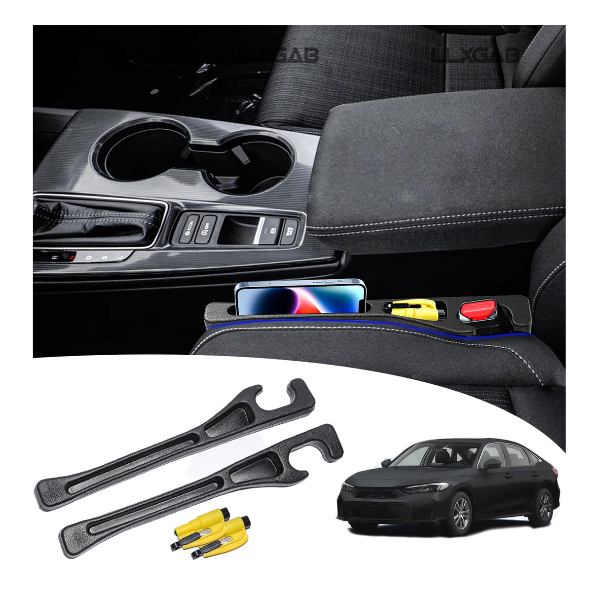 LLXGAB seat gap filler installed in Honda Civic keeps items secure during trips
