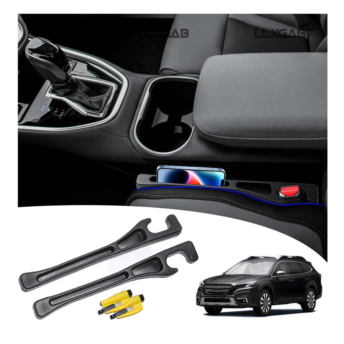 LLXGAB Outback seat gap filler installed between seat and console for a tidy interior.