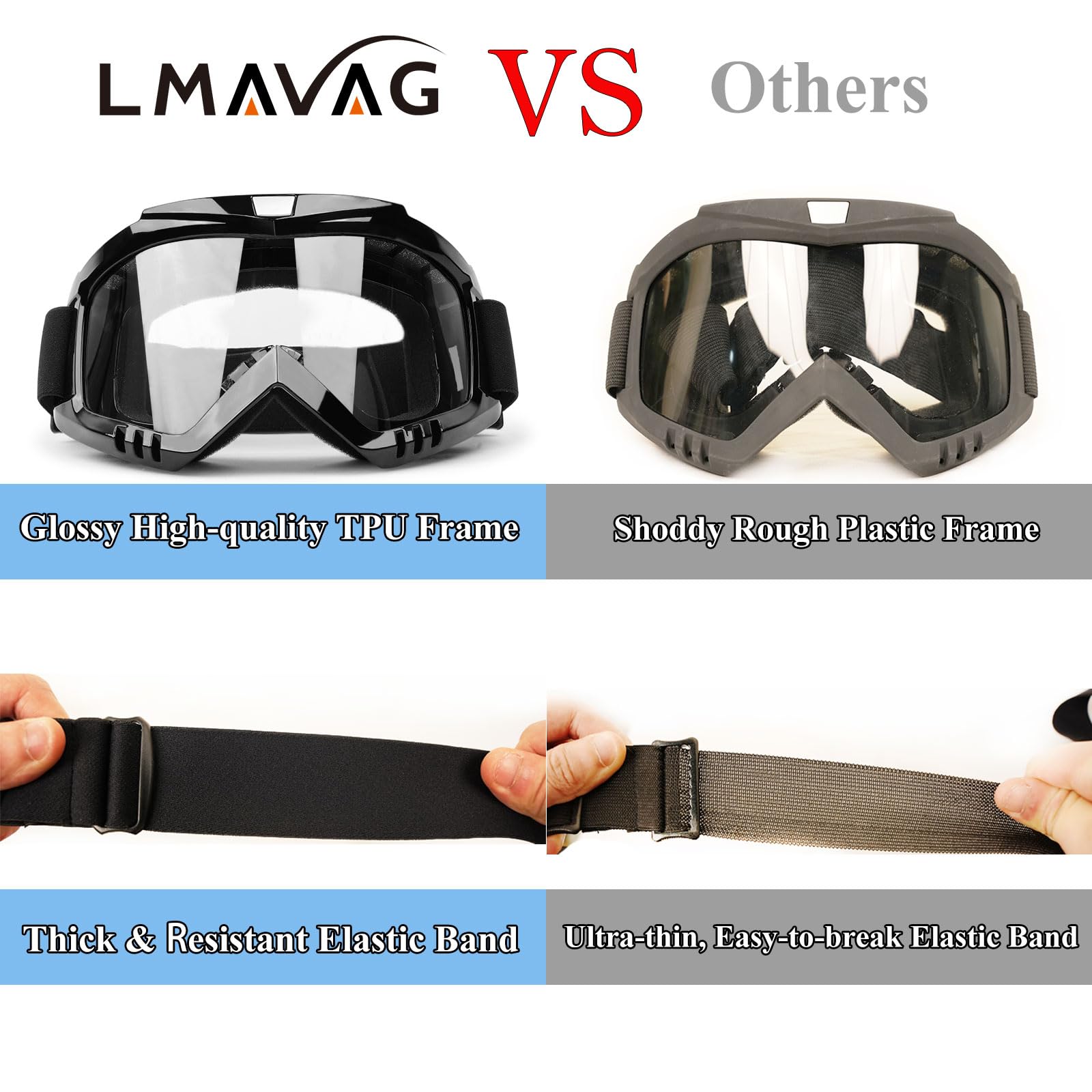 LMAVAG dirt bike goggles scratch-resistant PC lens for clear vision.