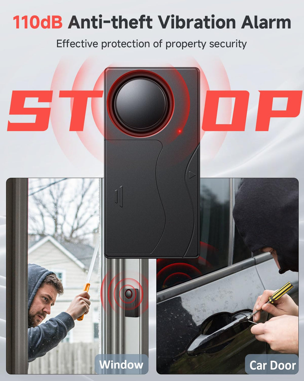 LNKERCO 110dB car alarm side view highlighting compact design for versatile mounting