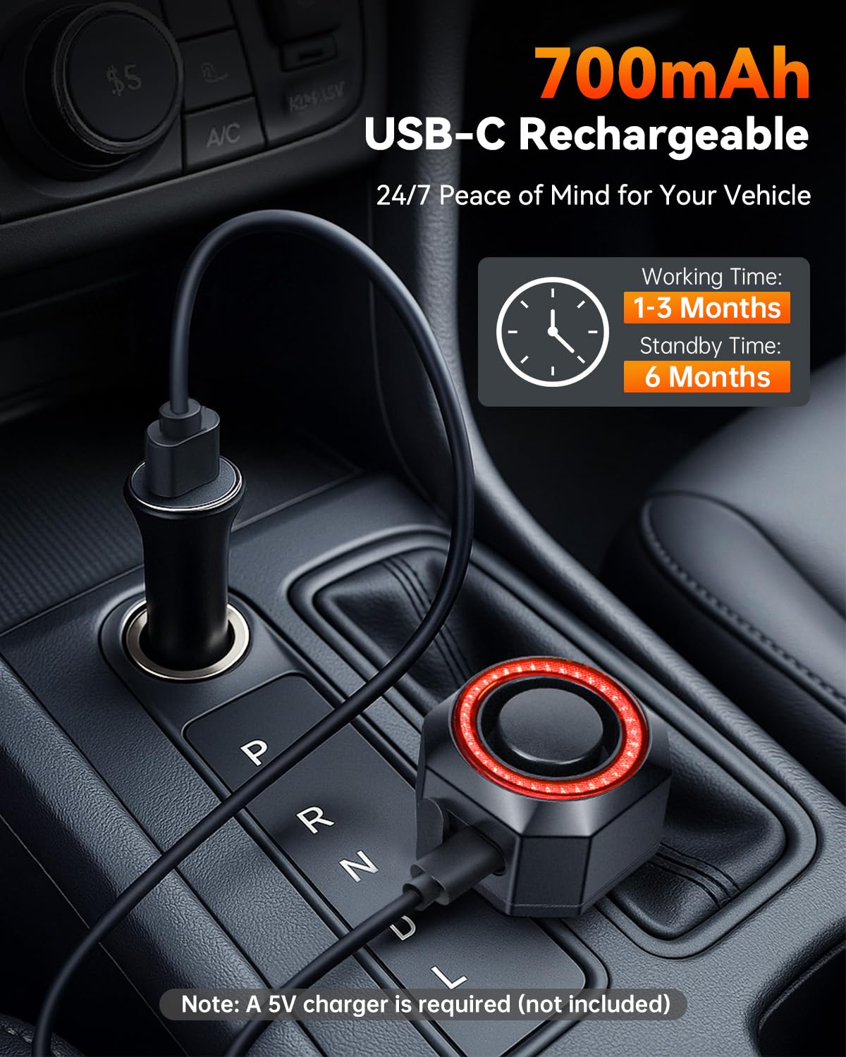 USB-C rechargeable battery powered security device
