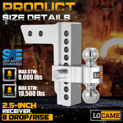 LOCAME 8-inch drop/rise hitch showing versatile alignment