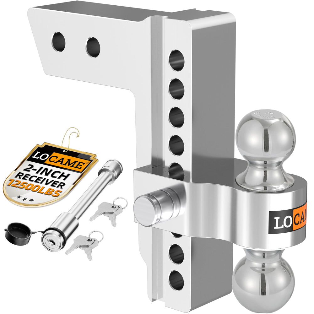 LOCAME adjustable trailer hitch shown in a 2-inch receiver for versatile mounting options.