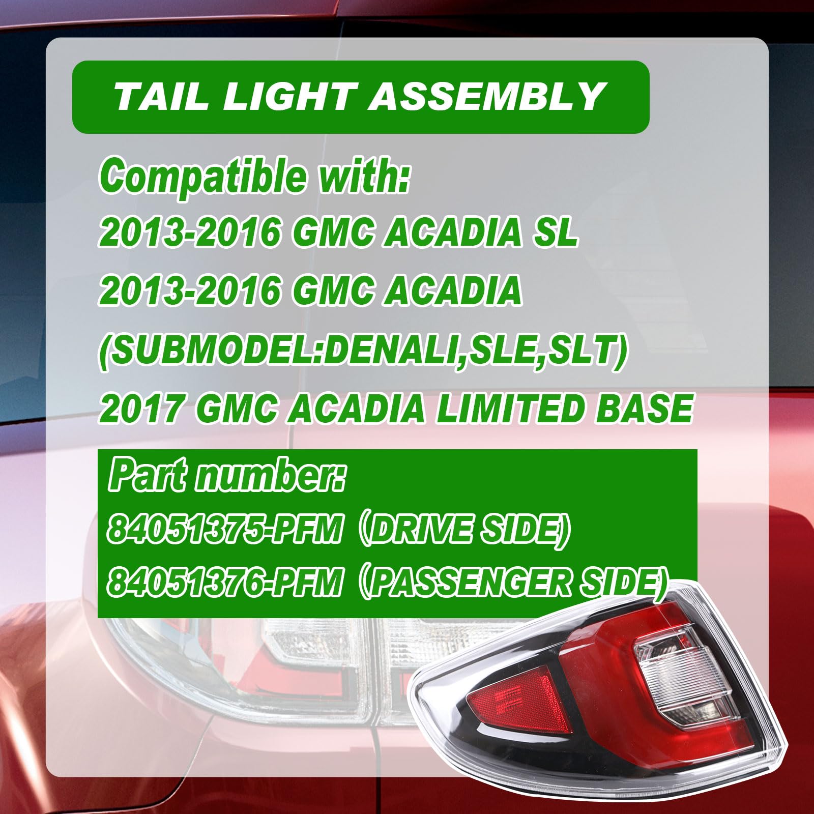 Lochnchn Acadia tail light close-up lens showing bright LED design