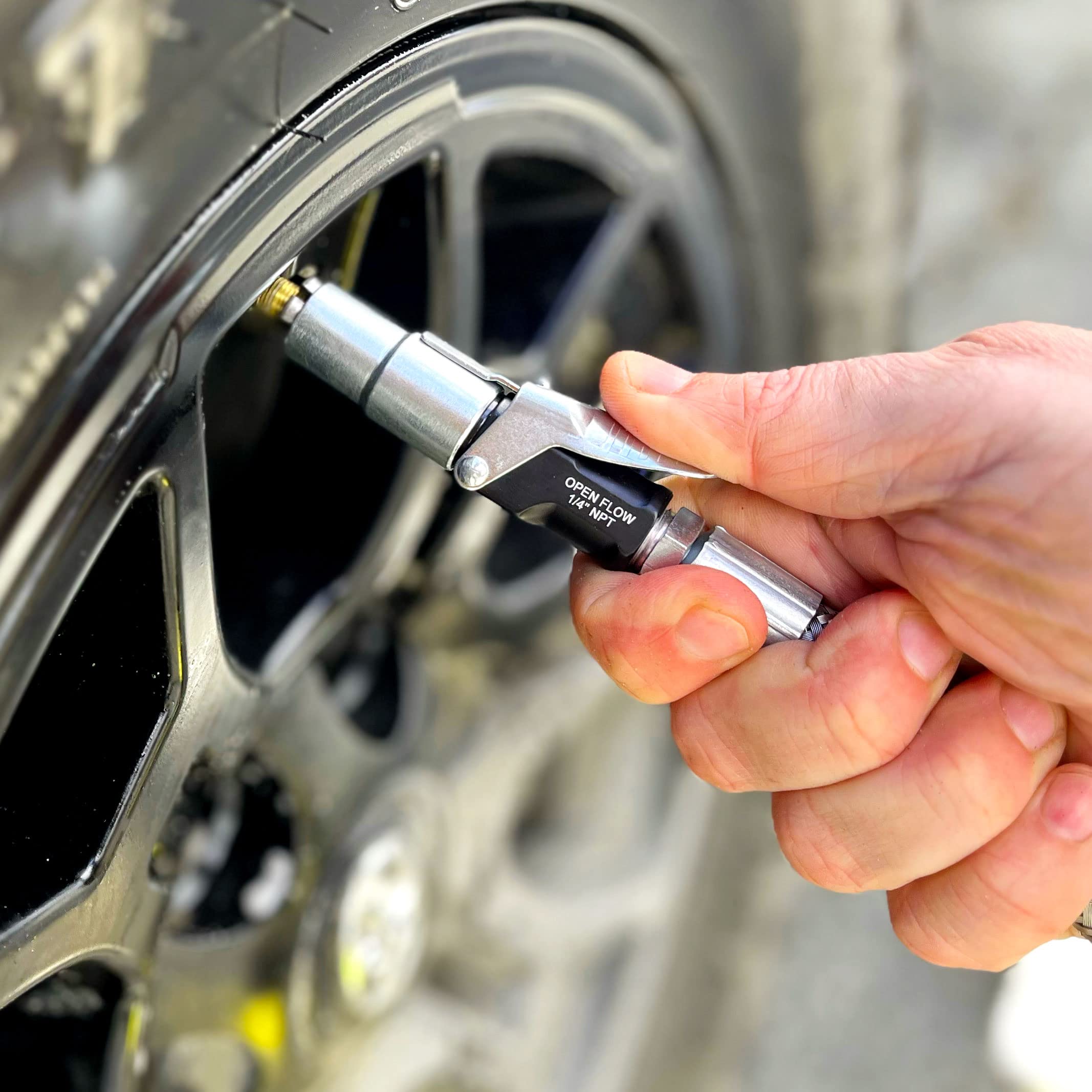 LockNFlate air chuck rated to 150 PSI for garage and workshop use.