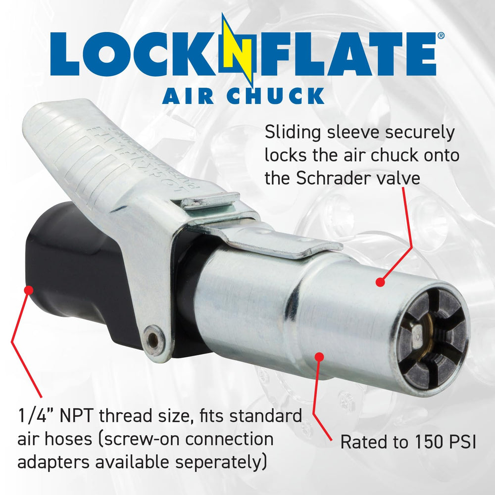 LockNFlate air chuck demonstrates hands-free connection for quick inflation.