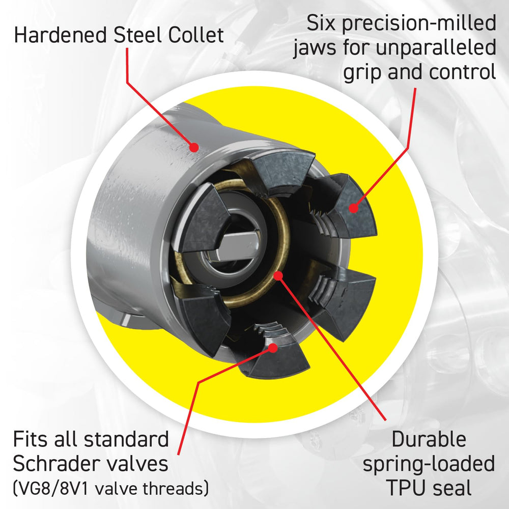 LockNFlate air chuck with hardened seal resists wear during daily inflations.