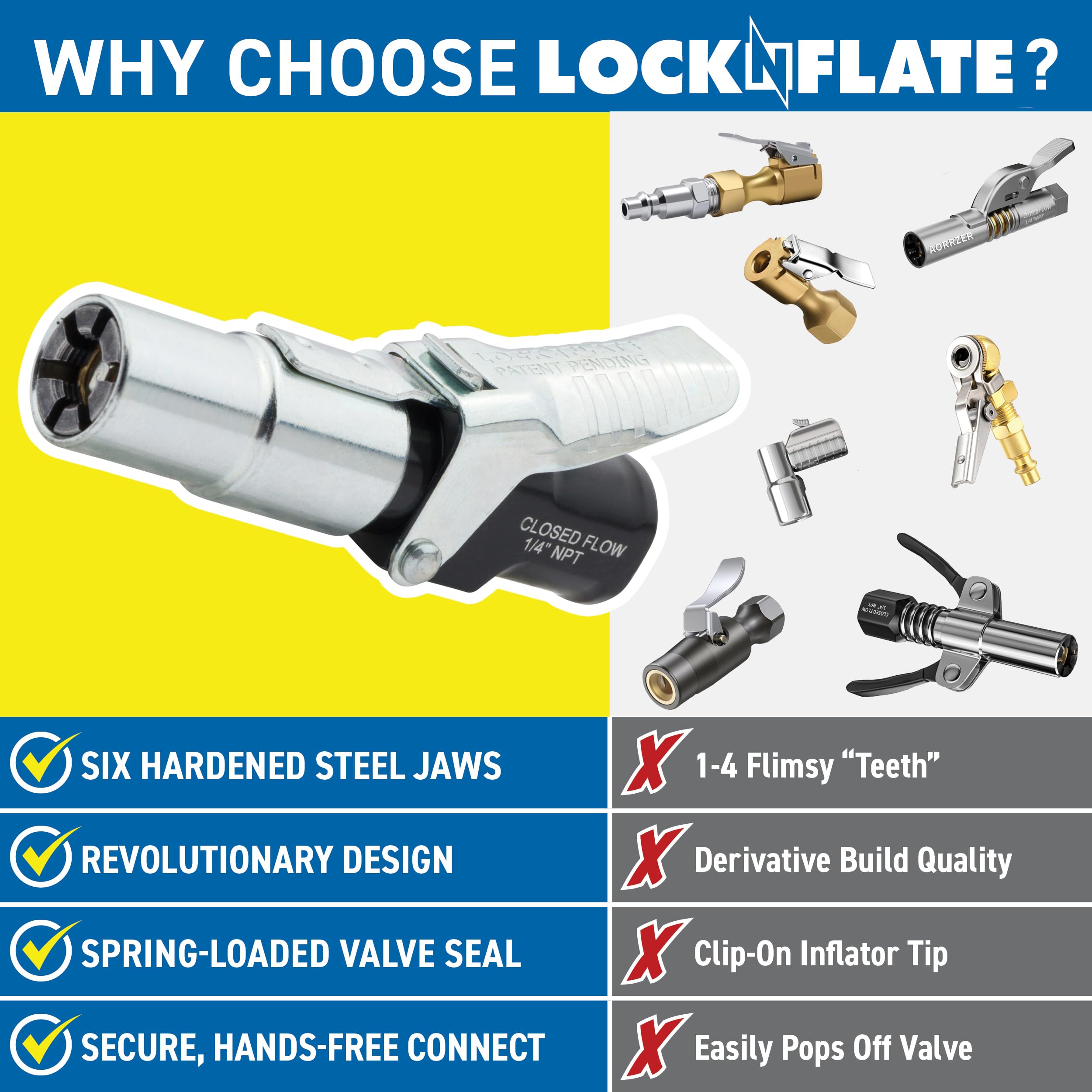 LockNFlate air chuck locks onto Schrader valve for reliable inflation.