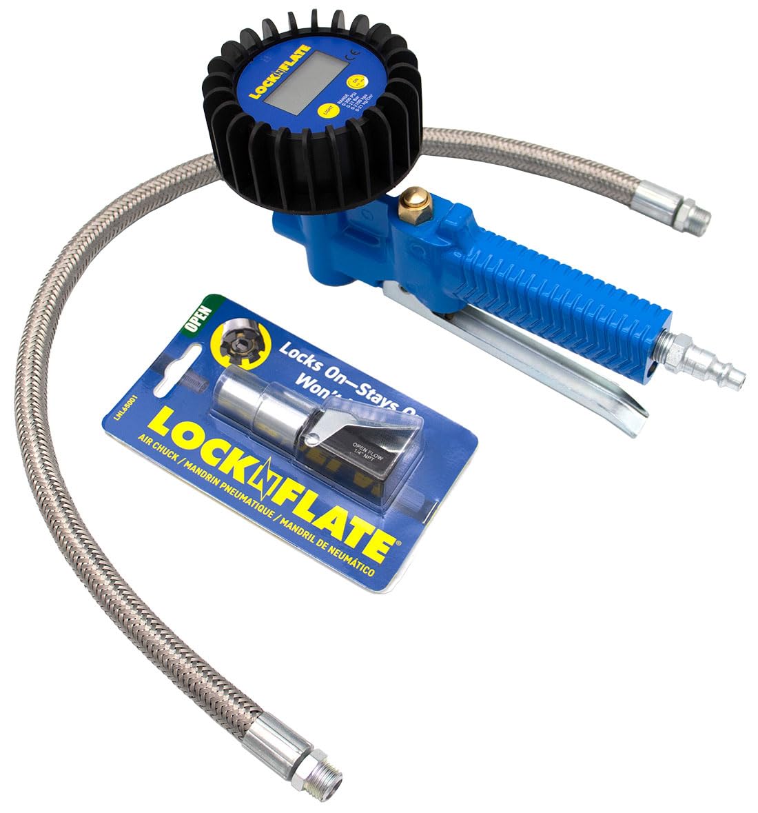 LockNFlate tire inflator with digital gauge and backlit display for precise readings