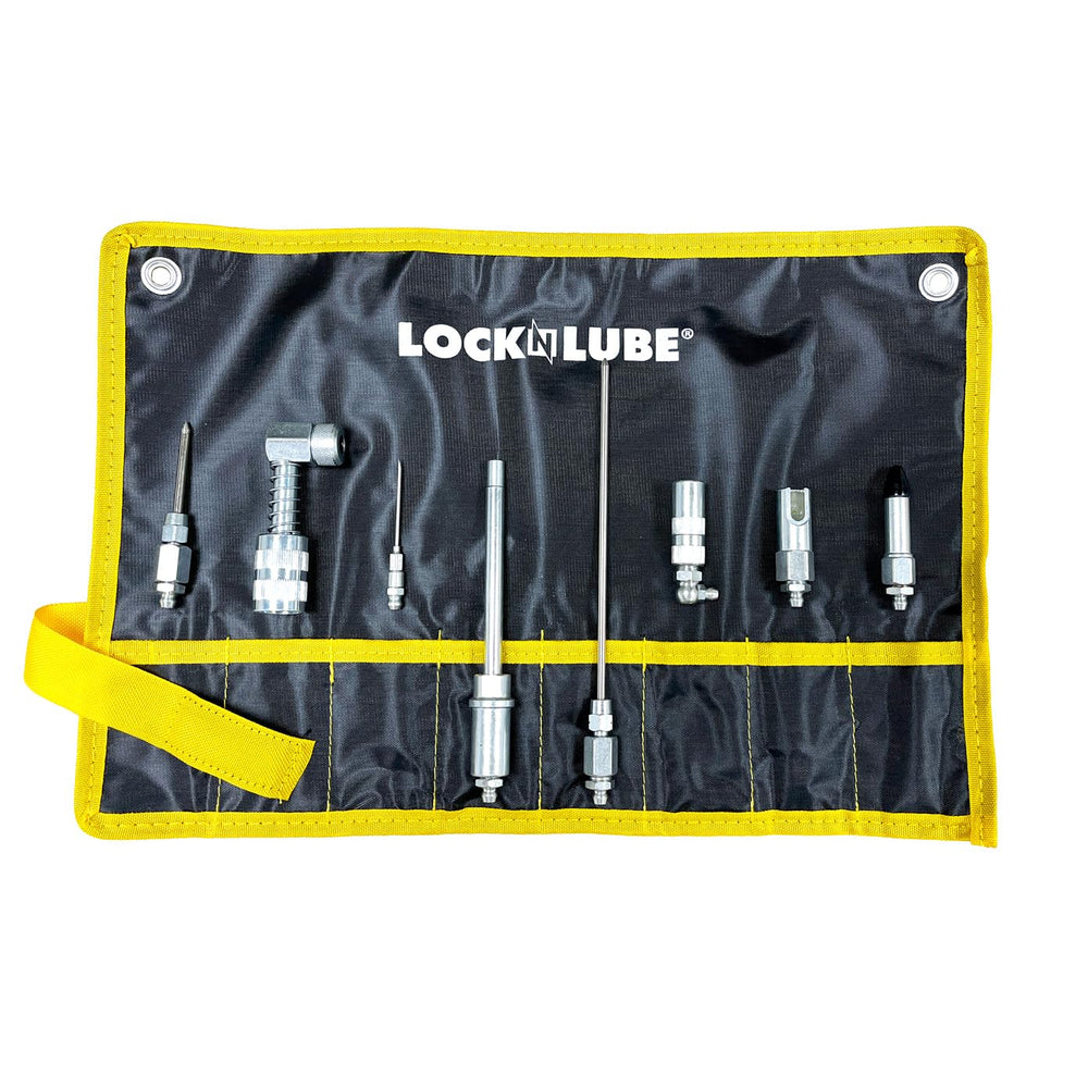 LockNLube 8-Piece Quick Connect Kit case shows portable, rugged rip-stop design for easy transport.