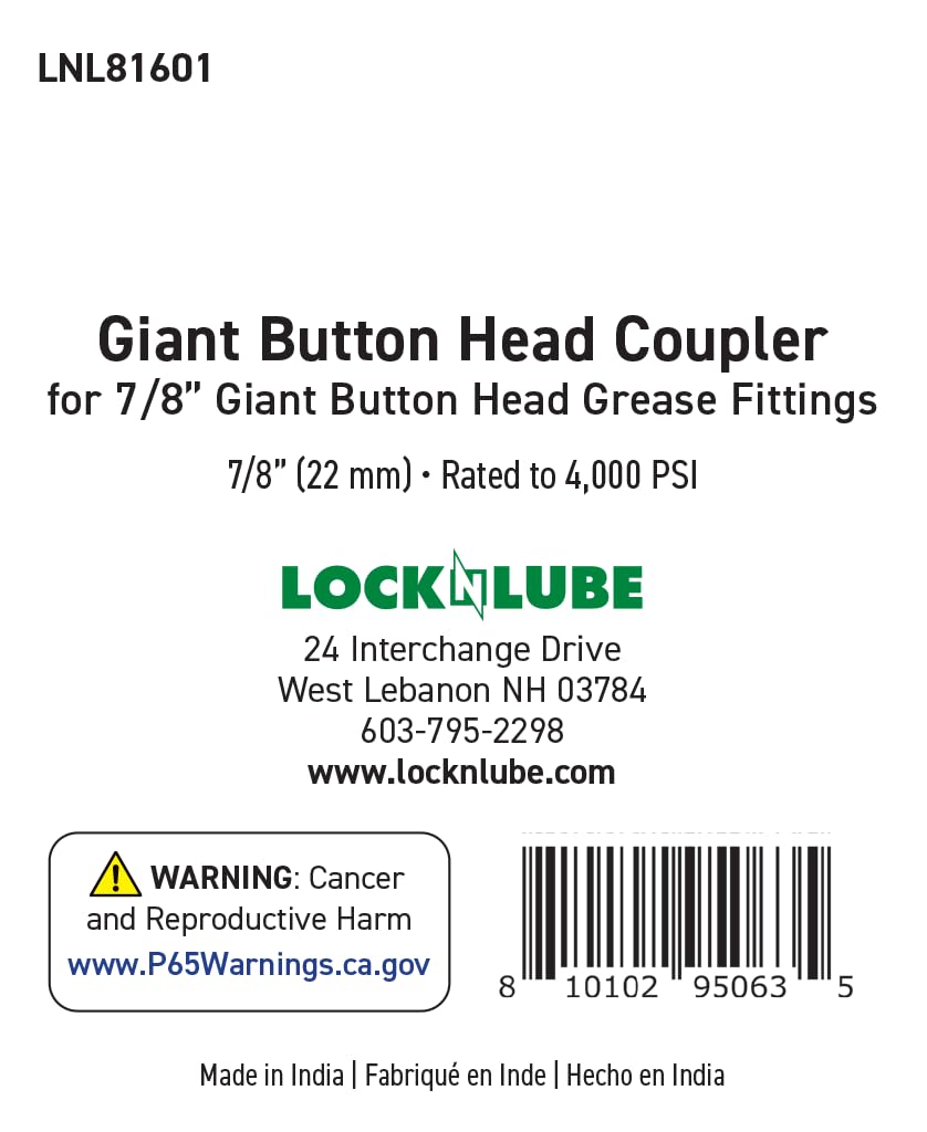 Rugged metal body of the LockNLube giant button head coupler.